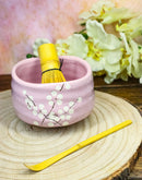 Pink Sakura Blossoms Ceramic Japanese Matcha Green Tea Bowl Whisk & Scoop Set