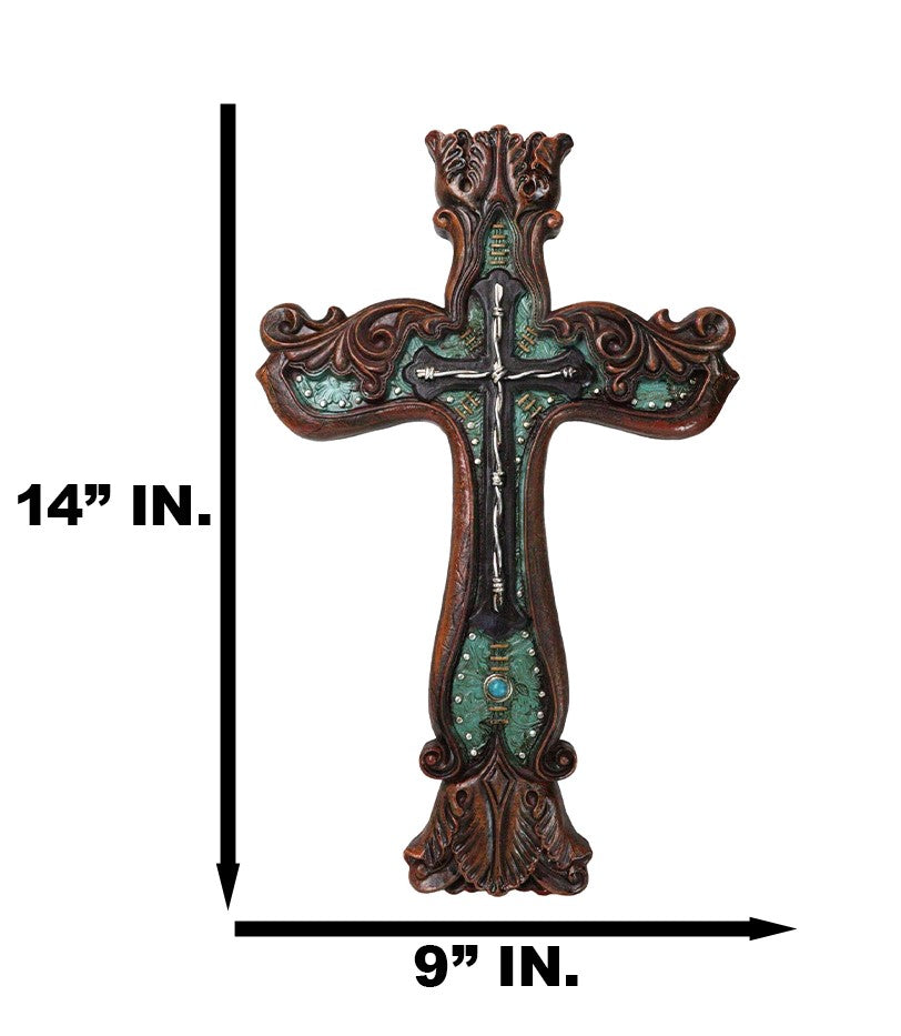 Rustic Faux Wood Carving Floral Scroll With Layered Barbed Wires Wall Cross