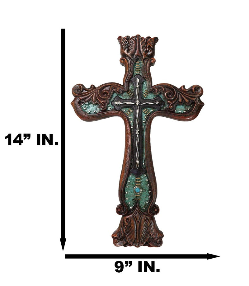 Rustic Faux Wood Carving Floral Scroll With Layered Barbed Wires Wall Cross