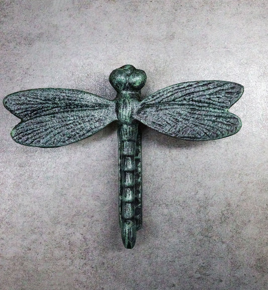 Cast Iron Verdi Green Auspicious Dragonfly Door Knocker With Strike Plate - Ebros Gift