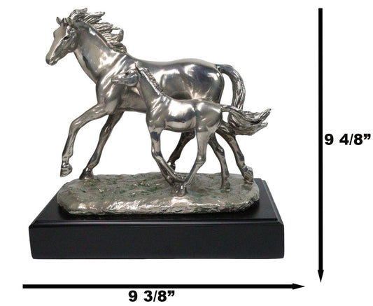 Western Horse and Foal Chrome Electroplated Resin Figurine With Museum Base