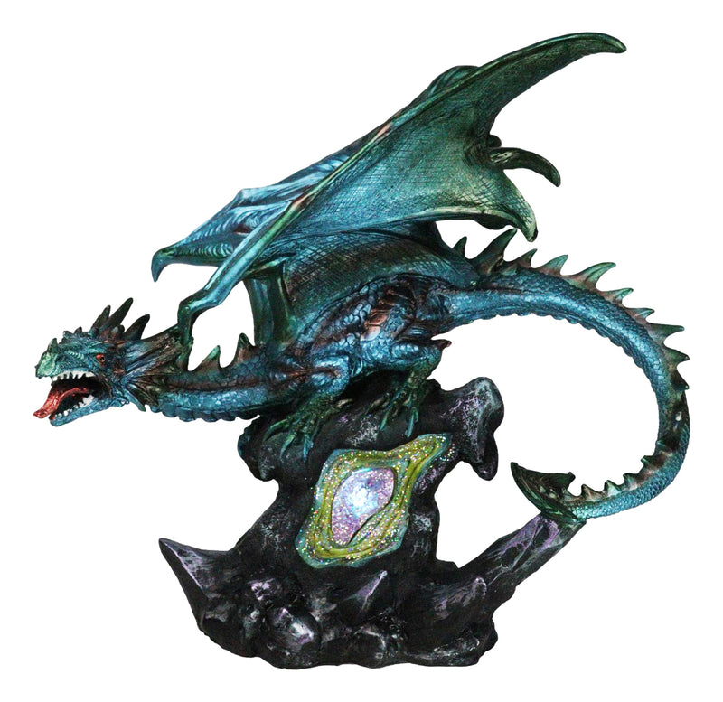 Large Aquamarine Iridescent Dragon Guarding LED Faux Crystal Geode Rock Figurine