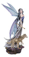 Pretty Fairy In Evening Gown With Gold Wand Accompanied By Gray Wolves Figurine