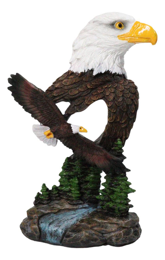 Bald Eagle Bust with Soaring Eagle Over Pine Forest Figurine Patriotic American