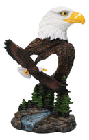 Bald Eagle Bust with Soaring Eagle Over Pine Forest Figurine Patriotic American