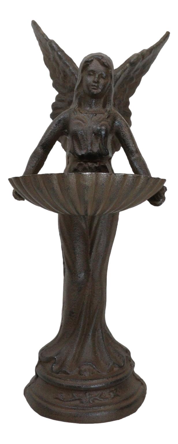 Rustic Cast Iron Gabriel Angel Holding Shell Garden Bird Feeder Bath 15.5"H