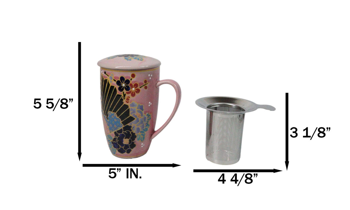 Japanese Fan Festival 15oz Porcelain Tea Mug With Lid & Stainless Steel Infuser