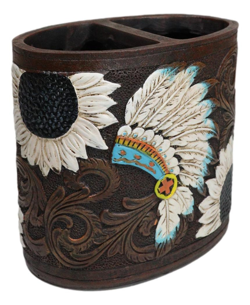 Southwestern Native American Indian Chief Headdress Feathers Toothbrush Holder