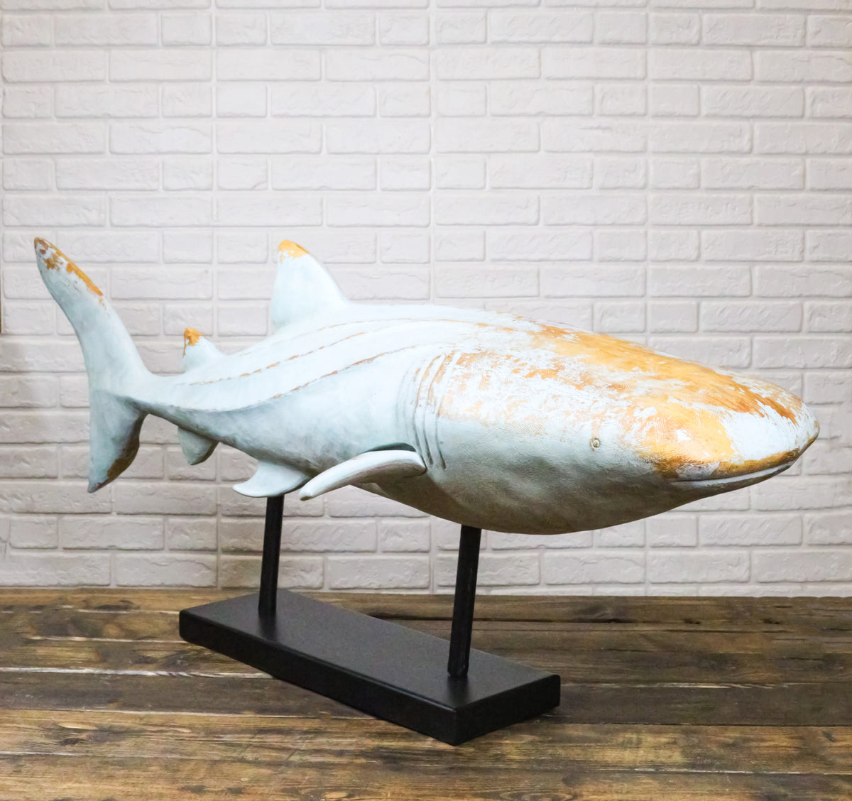 Large Nautical Marine Whale Shark Faux Wood Sculpture On Black Stand 37" Long