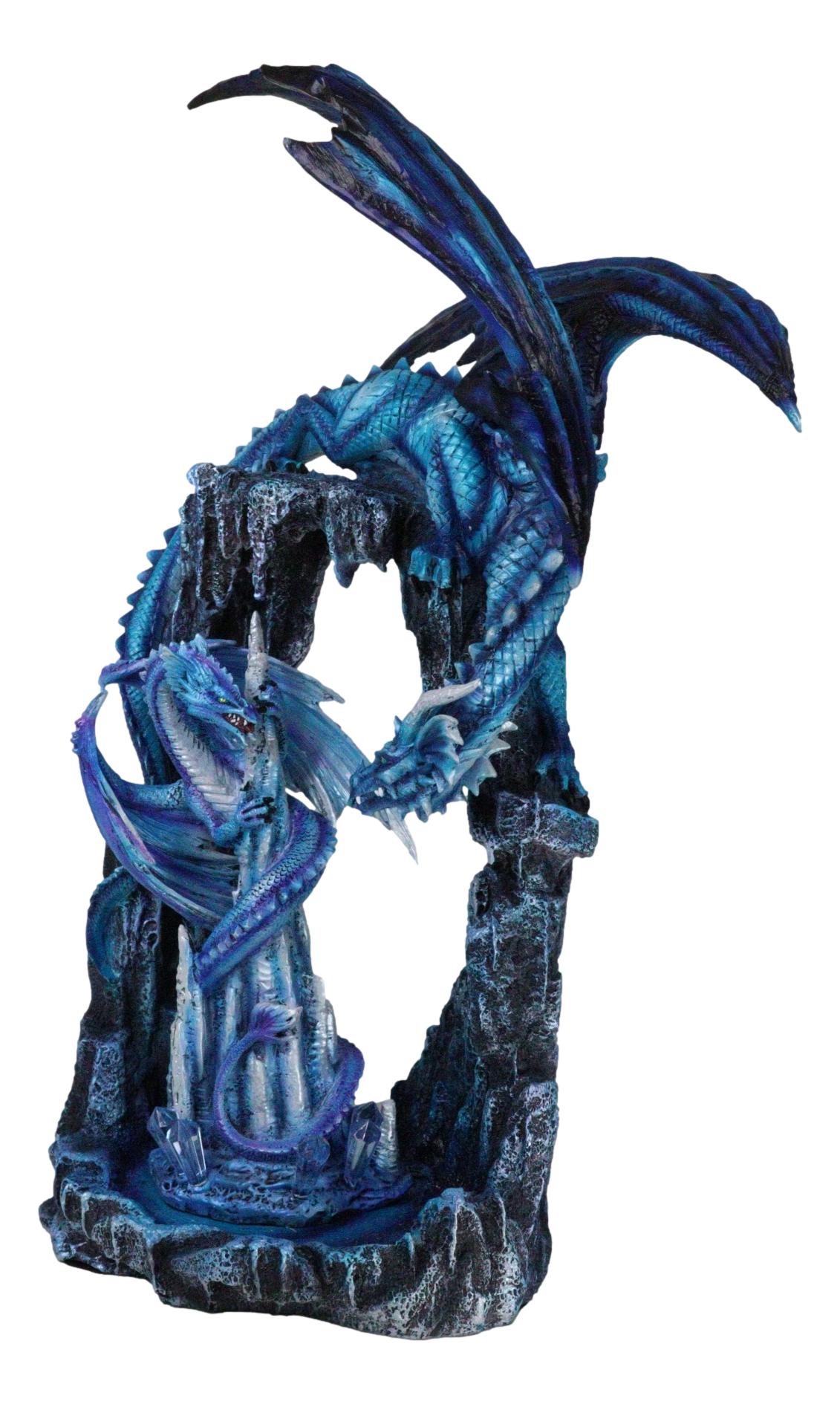 20"H Large Blue Frozen Dragon On Arch With Wyrmling By Ice Stalagmite Statue
