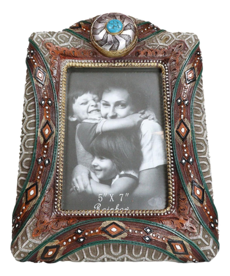 Rustic Southwest Silver Concho Turquoise Gem Tribal Patterns Picture Frame 5"X7"