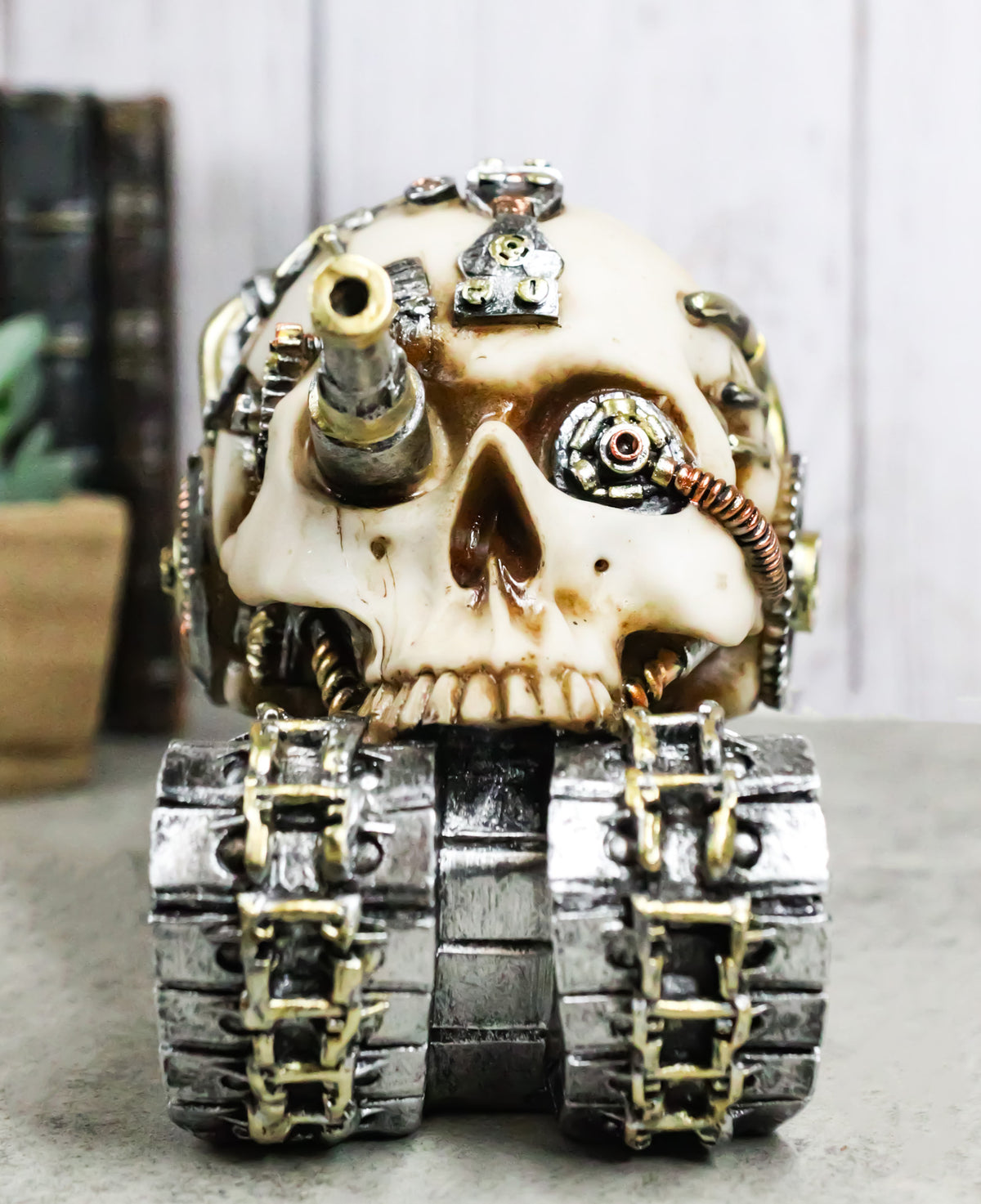 Military War Steampunk Android Gearwork Robotic Cyborg Skull Tank Figurine