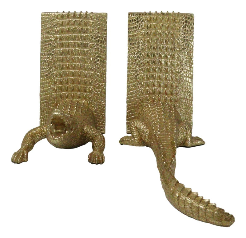 Nautical Marine Faux Gold Crocodile Alligator Head And Tail Bookends Pair Set