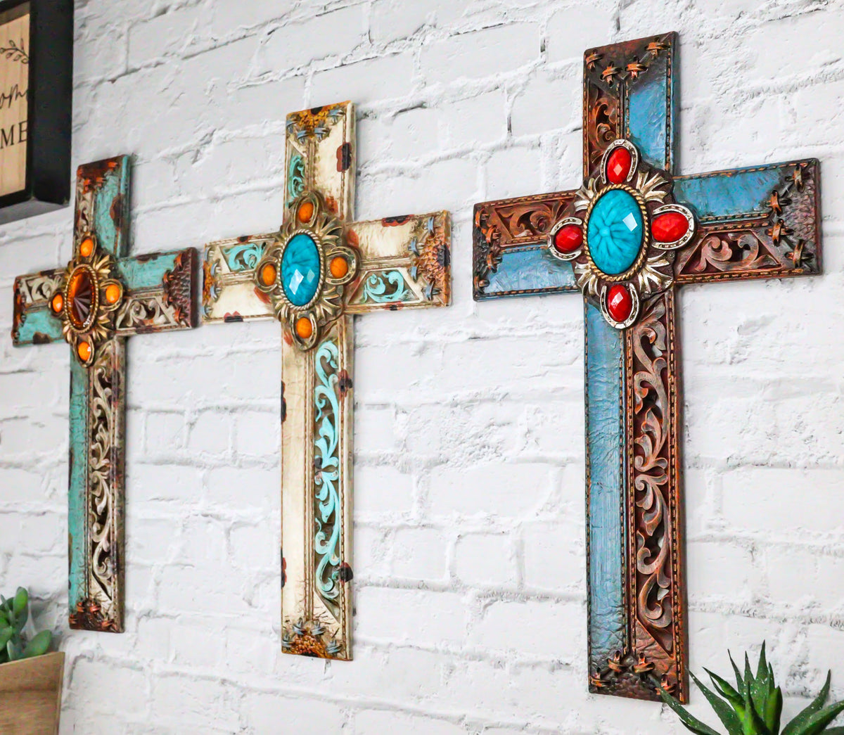 Pack Of 3 Rustic Western Tuscany Scrollwork Turquoise Amber Gems Wall Crosses