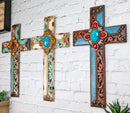 Pack Of 3 Rustic Western Tuscany Scrollwork Turquoise Amber Gems Wall Crosses