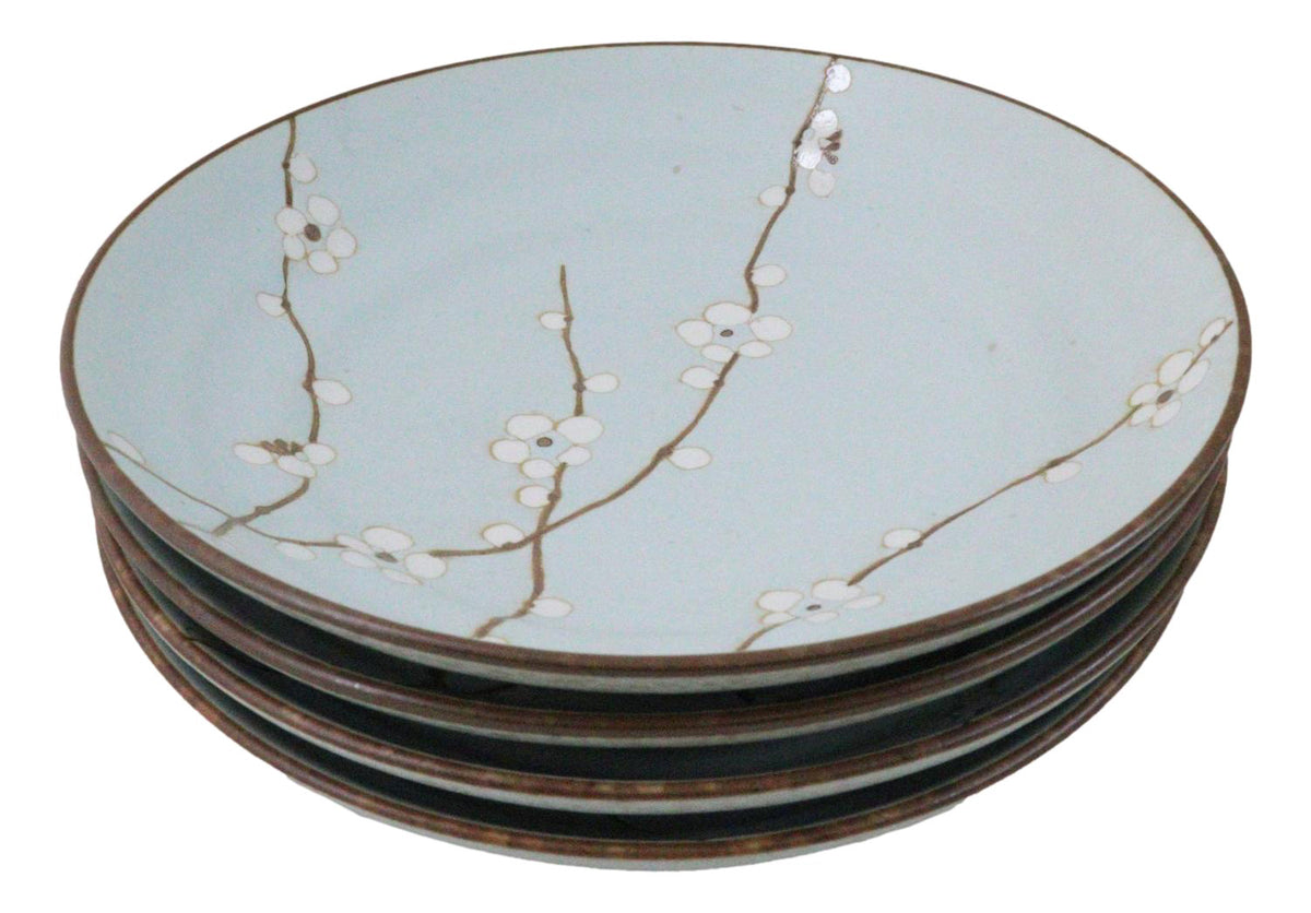 Made In Japan Porcelain Soushun Sakura Green Plum 9"D Deep Plates Bowls Set - Ebros Gift