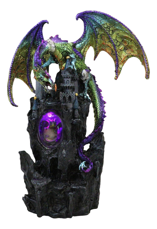 Large Rainbow Dragon On Castle Statue With Wyrmling In Egg LED Light Glass Ball - Ebros Gift