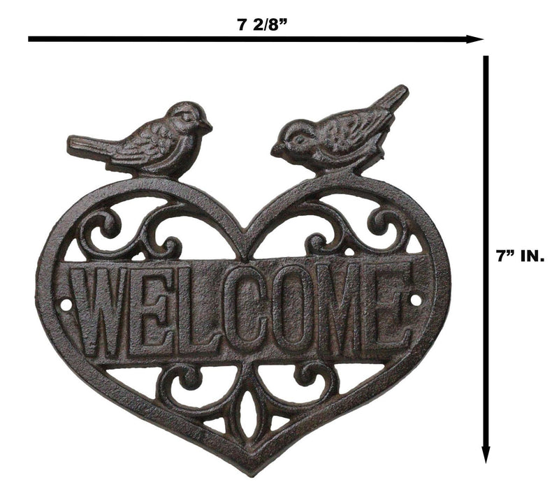Cast Iron 2 Lovebirds Perching On Scrollwork Heart Welcome Sign Wall Plaque