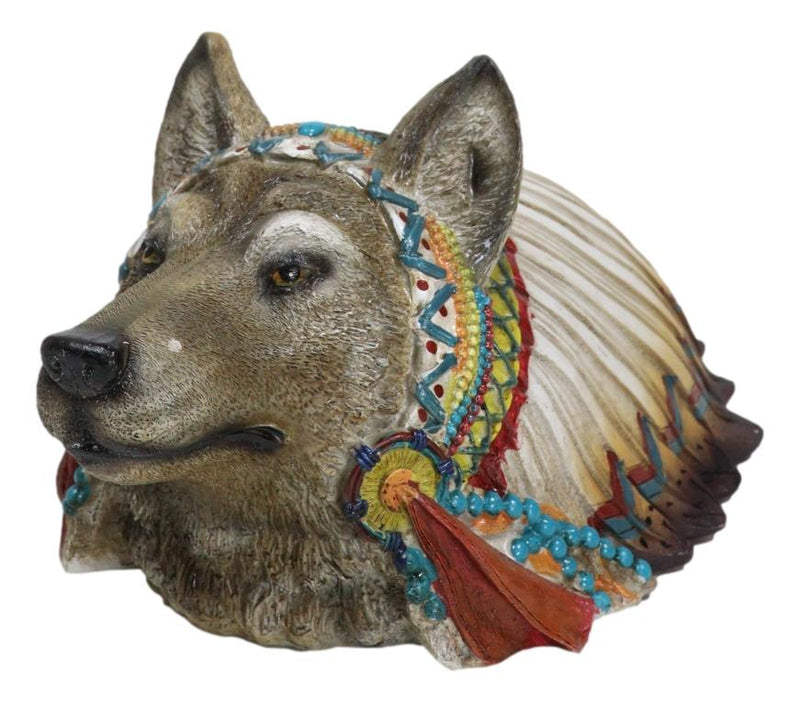 Rustic Gray Wolf With Indian Chief Headdress Piggy Coin Money Bank Jar Figurine