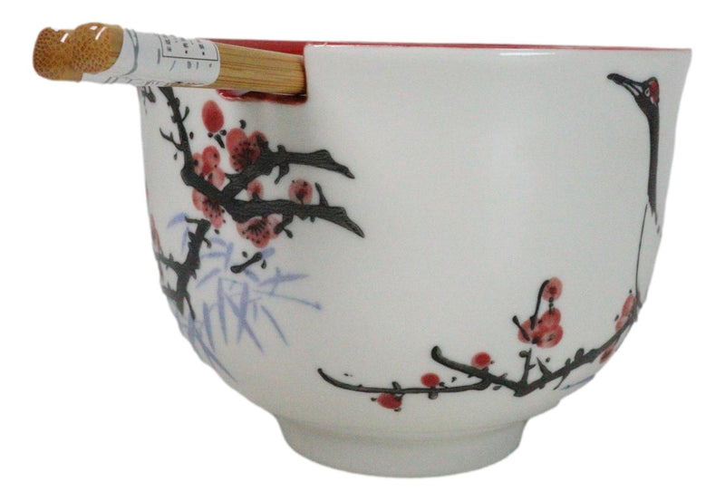 Japanese Crane On Cherry Blossoms Ceramic Donburi Ramen Bowl With Chopsticks Set