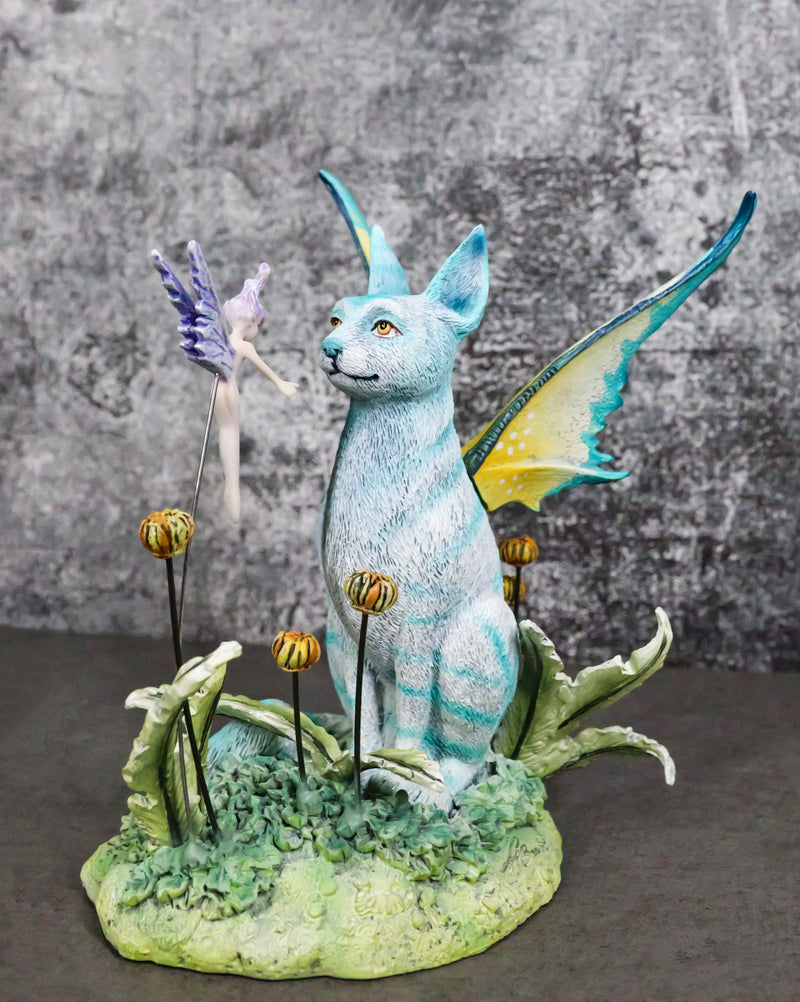 Whimsical Amy Brown Blue Fairy Cat With Pixie Fae In Enchanted Garden Figurine