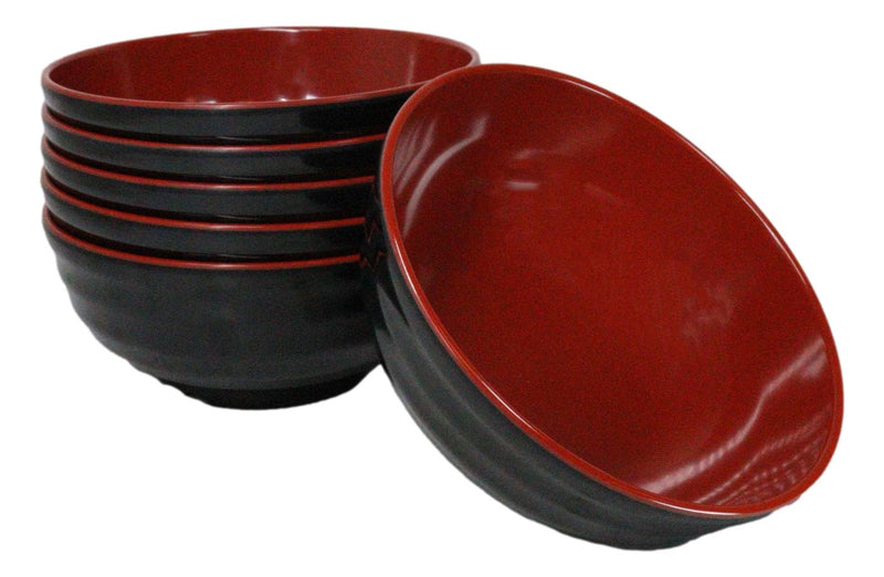 Set Of 6 Red And Black Round Ridged Body Soup Salad Rice Melamine Bowls 8"D