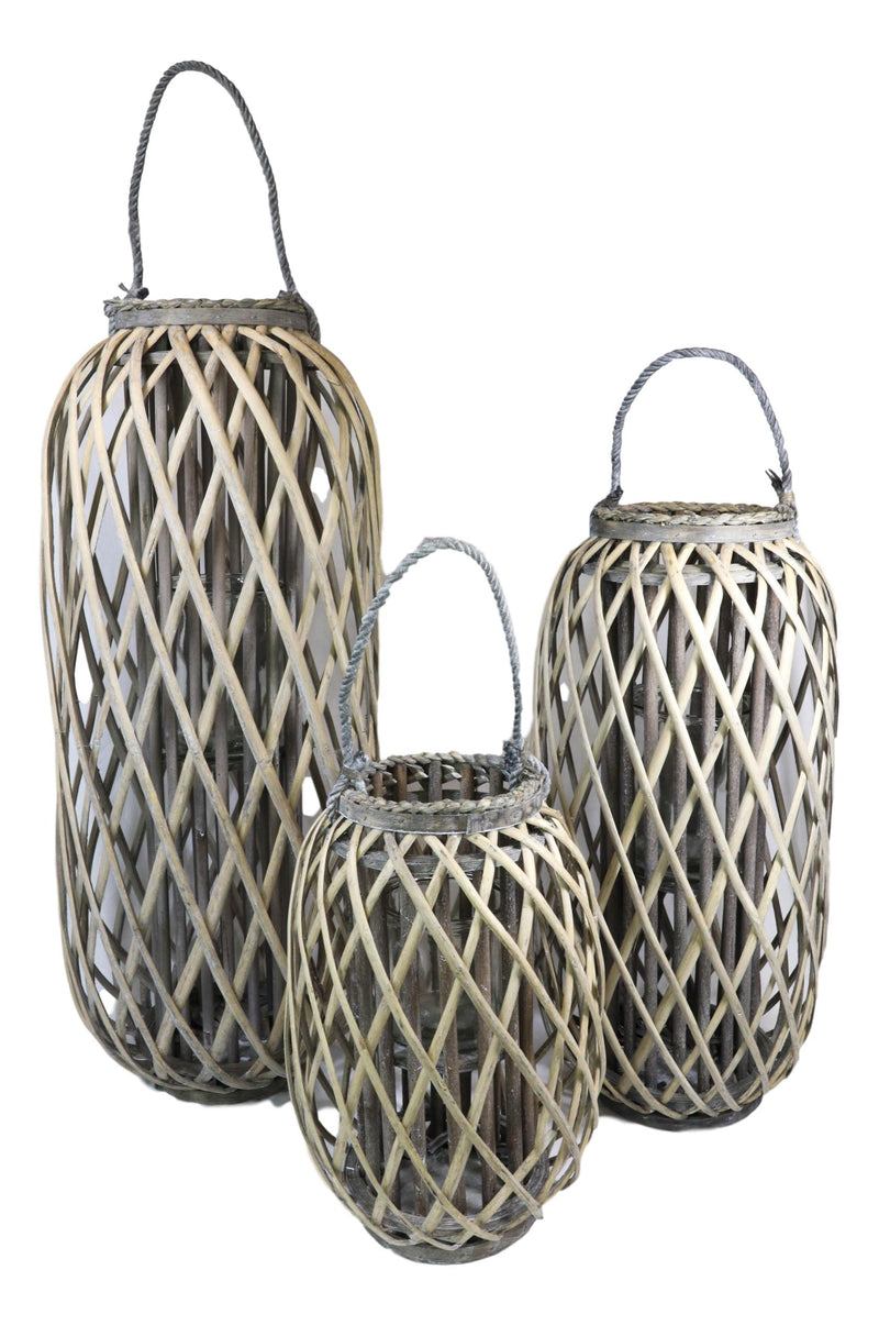 Set Of 3 Rustic Western Farmhouse Rattan Wood Willow Candle Holder Lanterns