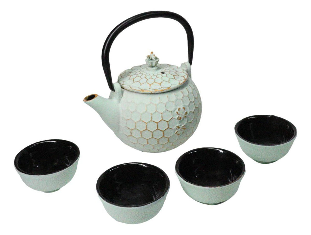 Mint Green Honeycomb Petite Cast Iron Teapot 10oz With 4 Mini Tea Cups Set