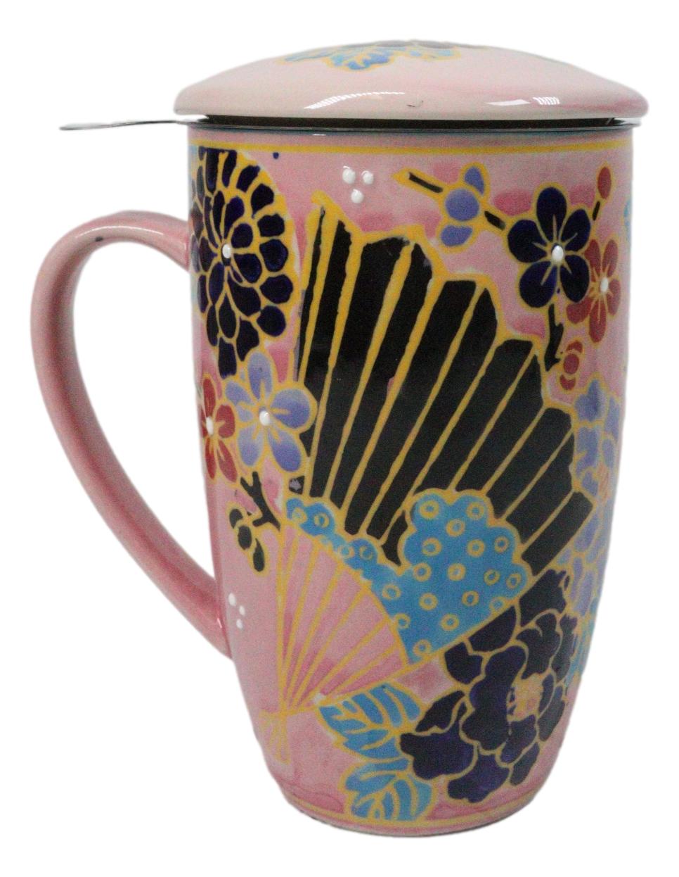 Japanese Fan Festival 15oz Porcelain Tea Mug With Lid & Stainless Steel Infuser