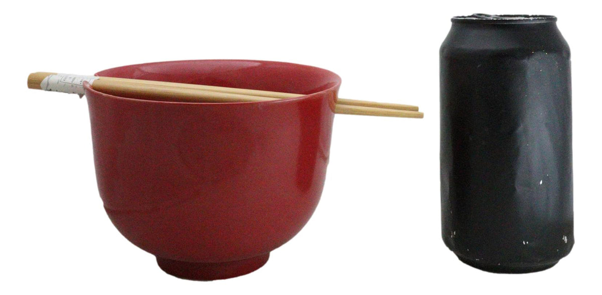 Red Cute Chubby Kitty Cat Ceramic Donburi Ramen Bowl With Chopsticks Set - Ebros Gift