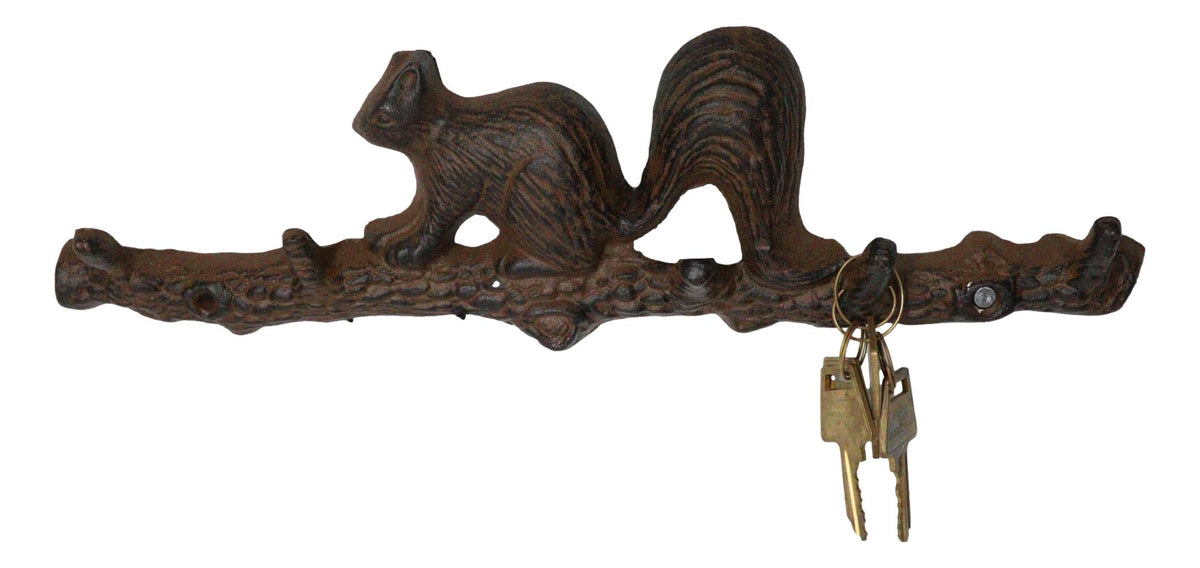 Rustic Cast Iron Playful Squirrel Perching On Tree Branch 4-Peg Wall Hooks Decor - Ebros Gift