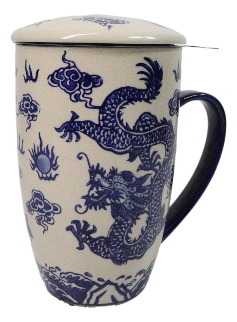 Blue Oriental Ryu Dragon 15oz Porcelain Tea Mug With Lid Stainless Steel Infuser