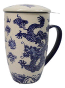 Blue Oriental Ryu Dragon 15oz Porcelain Tea Mug With Lid Stainless Steel Infuser