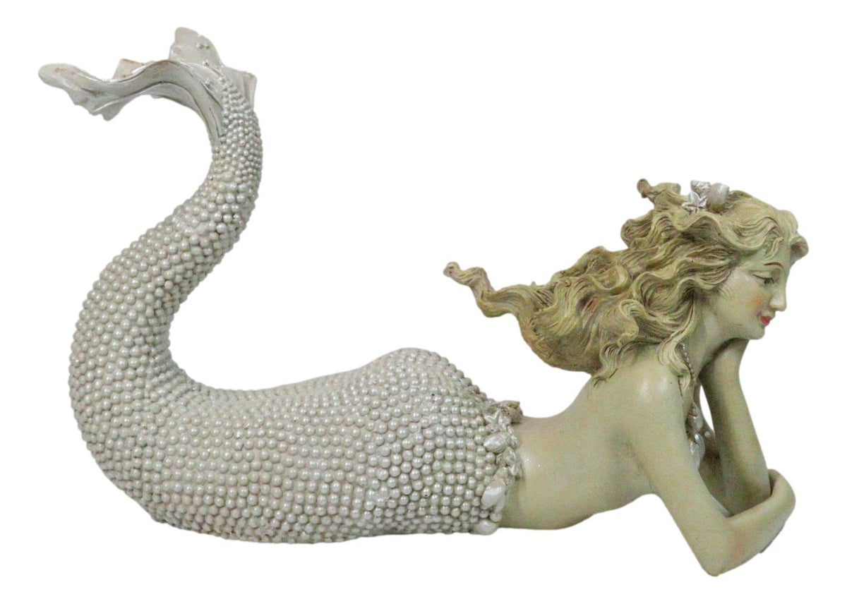 Nautical Marine Vintaged Pearly Mermaid Lying On Belly Daydreaming Figurine 13"L