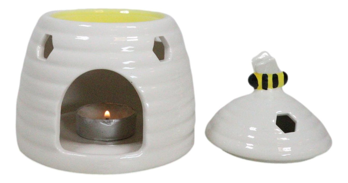 White Whimsical Bumblebee Beehive Ceramic Essential Oil Warmer Candle Holder
