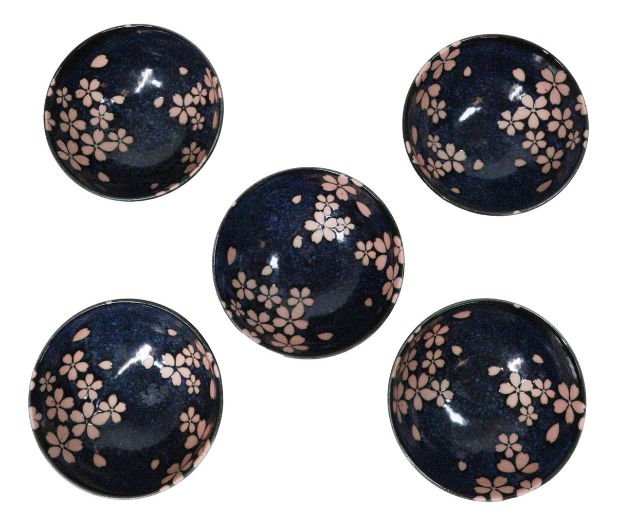 Pack Of 5 Blue Japanese Hasui Sakura Cherry Blossom Ceramic Large Rice Bowls