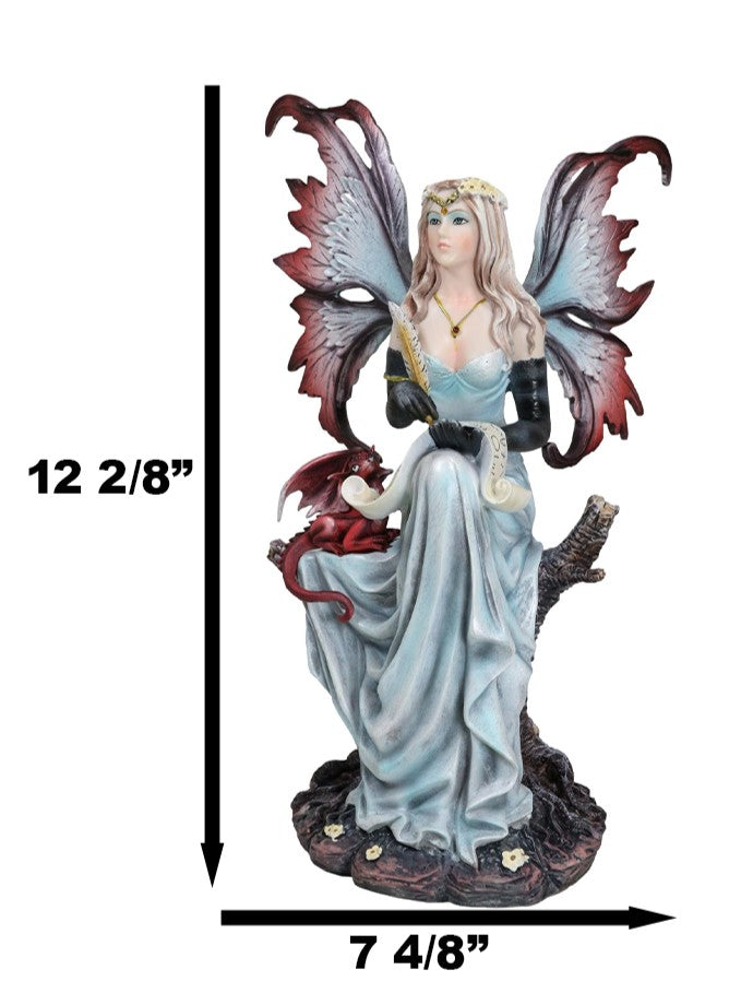 Blonde Fairy Scribe And Red Dragon Writing On Dragons Tales Scroll Figurine