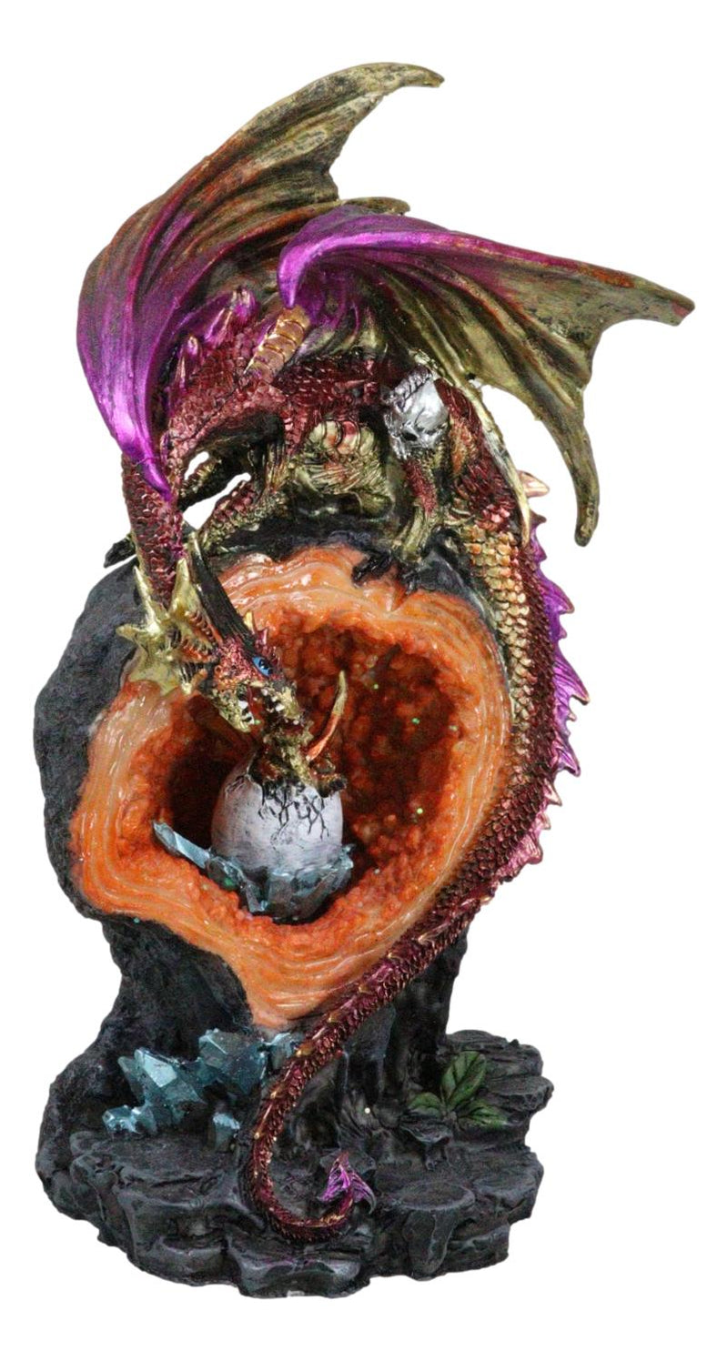 Pink Gold Dragon On Faux Crystal Orange Rock Geode With Hatchling Egg Figurine