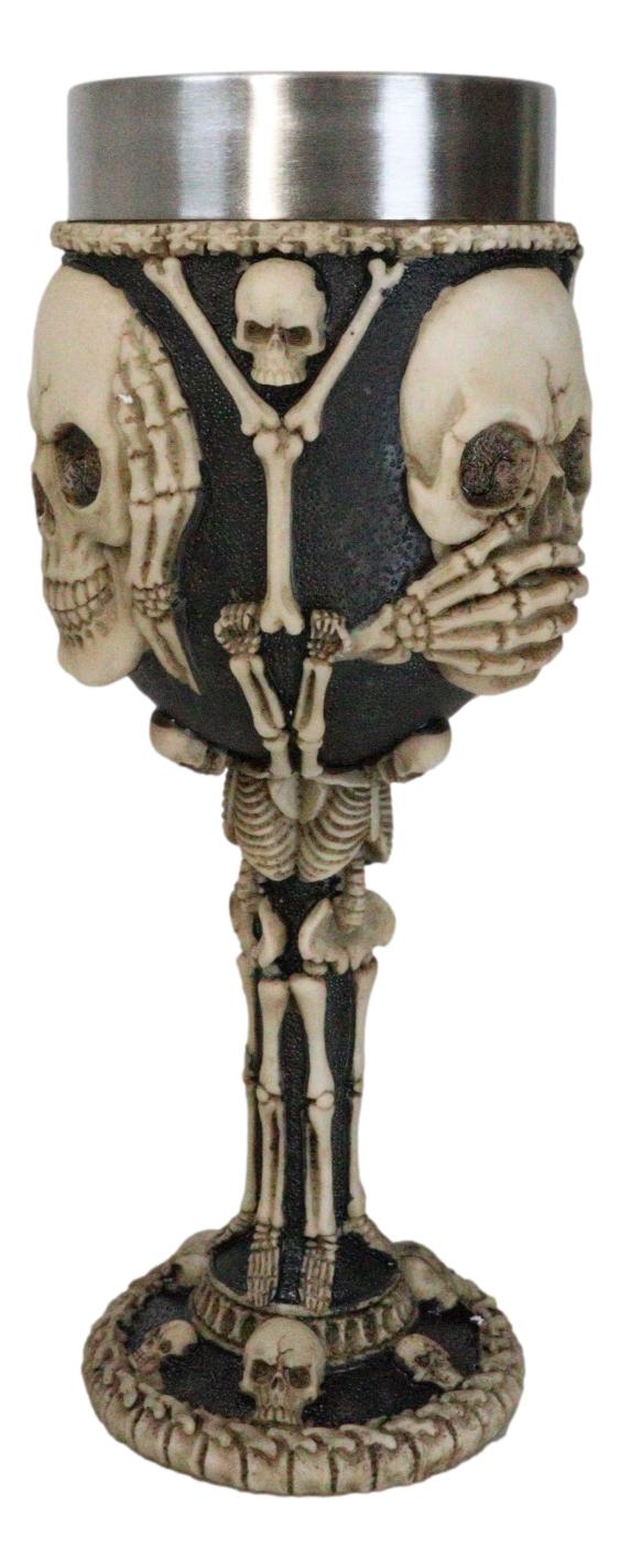 Wisdom Of The Ages See Hear Speak No Evil Skeleton Skulls Wine Goblet Chalice