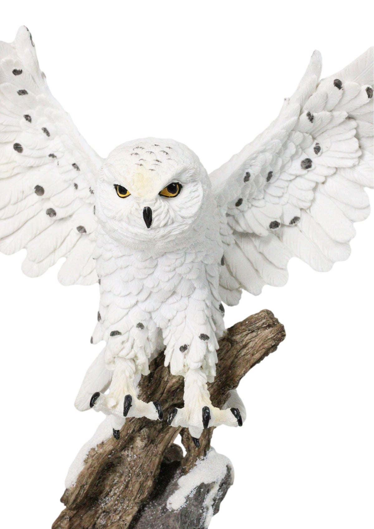 Winter Snowy Owl with Outsretched Wings on Snow-Covered Tree Stump Statue 14"H