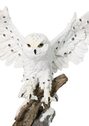 Winter Snowy Owl with Outsretched Wings on Snow-Covered Tree Stump Statue 14"H