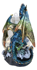 Metallic Sea Dragon Rising Above Waves by LED Glass Bottle With Ship Figurine