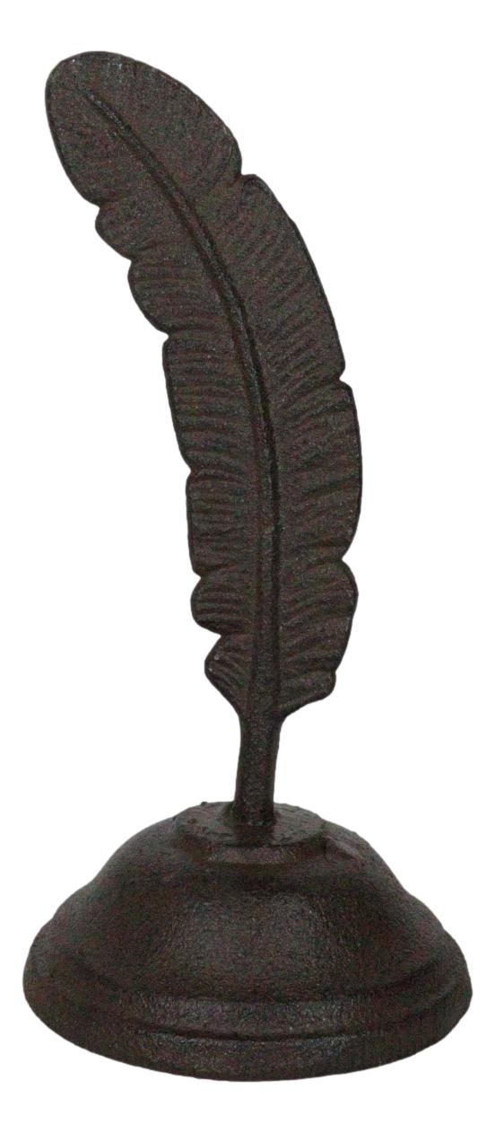 Rustic Cast Iron Brutalist Indian Eagle Feather On Ink Base Paperweight Figurine