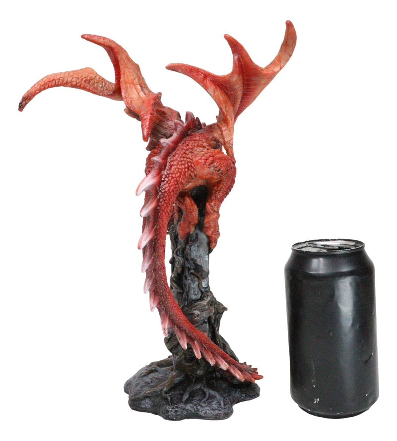 Wizard Fantasy Red Volcanic Dragon Perching On Rune Stone Tower Rock Figurine