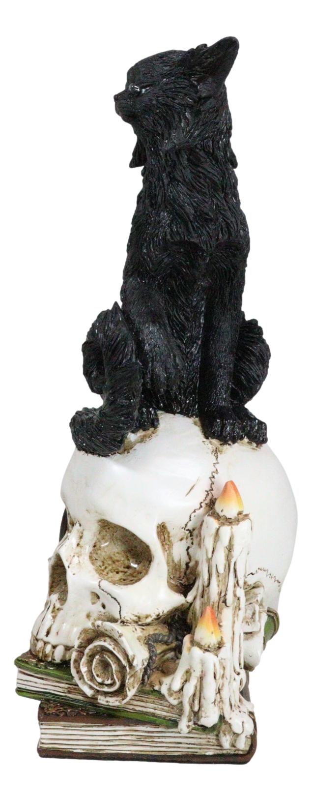 Wicca Black Cat With LED Green Eyes On Skull With Pentagram Spell Books Figurine