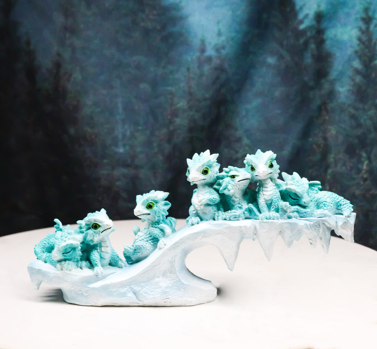 Winter Wonderland Ice Blue Baby Dragons On Frozen Bridge Glacier Rock Figurine