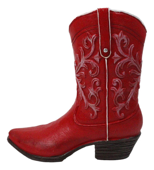Rustic Western Floral Red Faux Leather Cowgirl Boot Vase Planter Figurine