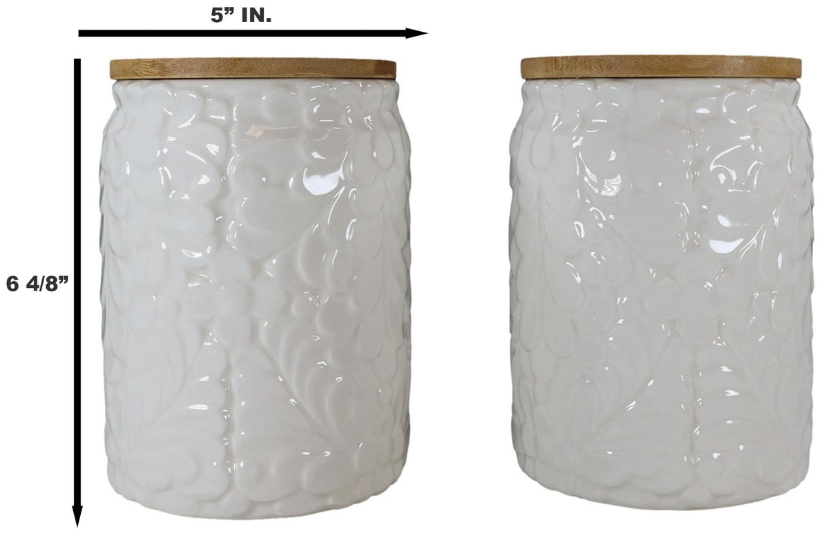 Set of 2 Ceramic White Floral Air Tight Canister Storage Jars Bamboo Lid 44oz