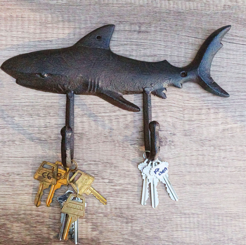 Pack Of 2 Cast Iron Rustic Nautical Marine Great White Shark