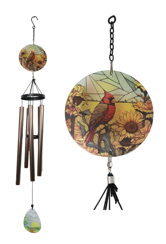Nature Red Cardinal Bird Colorful Art Glass Hanging Wind Chime With Metal Rods
